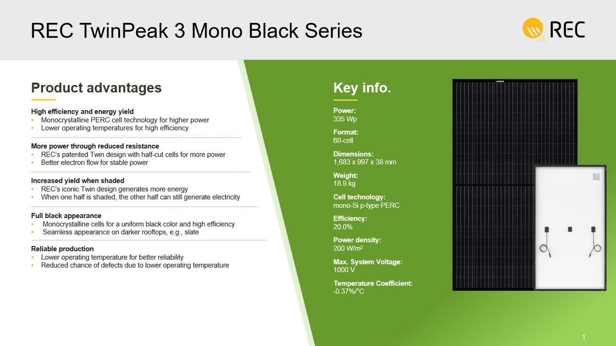 REC 325W Alpha Pure Black Series REC325TP3M Black Frame Solar Panel - 20.1% Max Efficiency 325W Solar Panel (Single Panel)