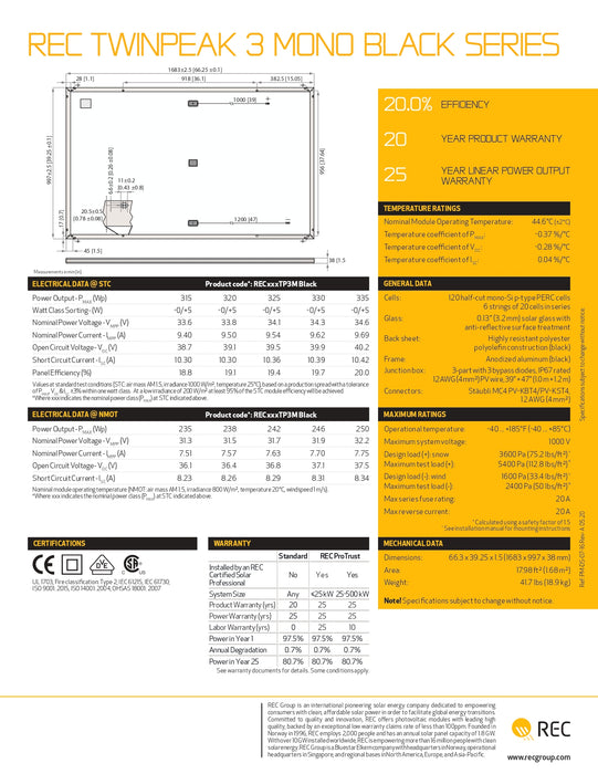 REC 325W Alpha Pure Black Series REC325TP3M Black Frame Solar Panel - 20.1% Max Efficiency 325W Solar Panel (Single Panel)